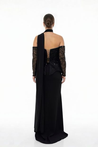 فستان سهرة أسود بدون حمالات مزين بالترتر، مقاس كبير